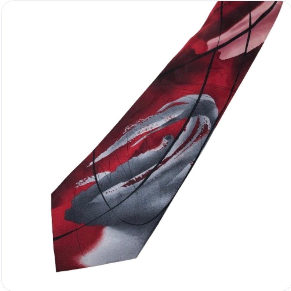 J. Garcia Tie Nature Morte Collection 54 100% Silk Red Black Gray Artsy Print